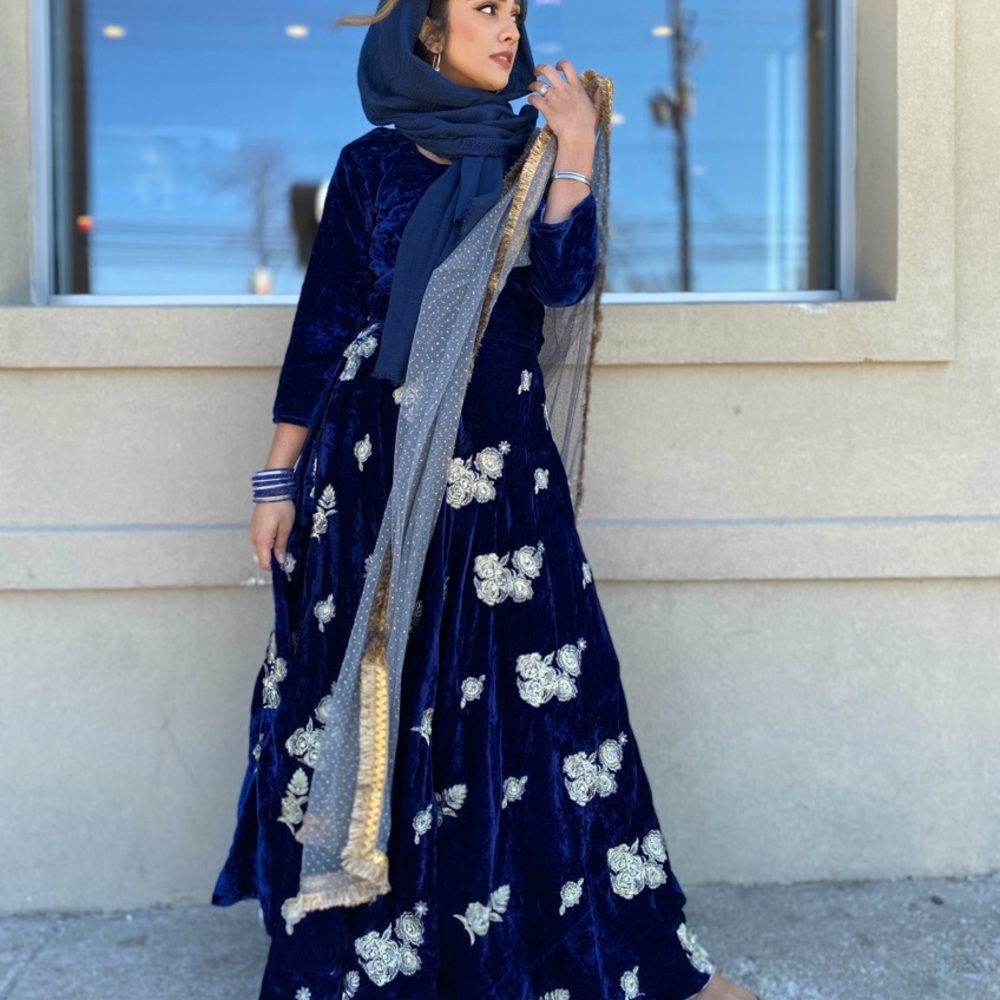 SOLD Velvet Navy Blue Lengha Choli dress with dupatta
